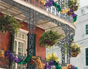 Konsttryck med balkong i New Orleans: Mardi Gras-dekor, hem i franska kvarteret