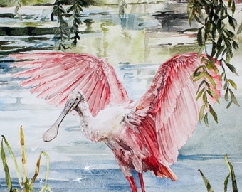 Spoonbill Painting | Roseate Spoonbill Print | Pink Bird Art | Girl Nursery Art | Louisiana Art | Watercolor Bird | Southern Home Decor