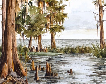 Louisiana Bayou Art Print: Watercolor Cypress Tree, Southern Decor