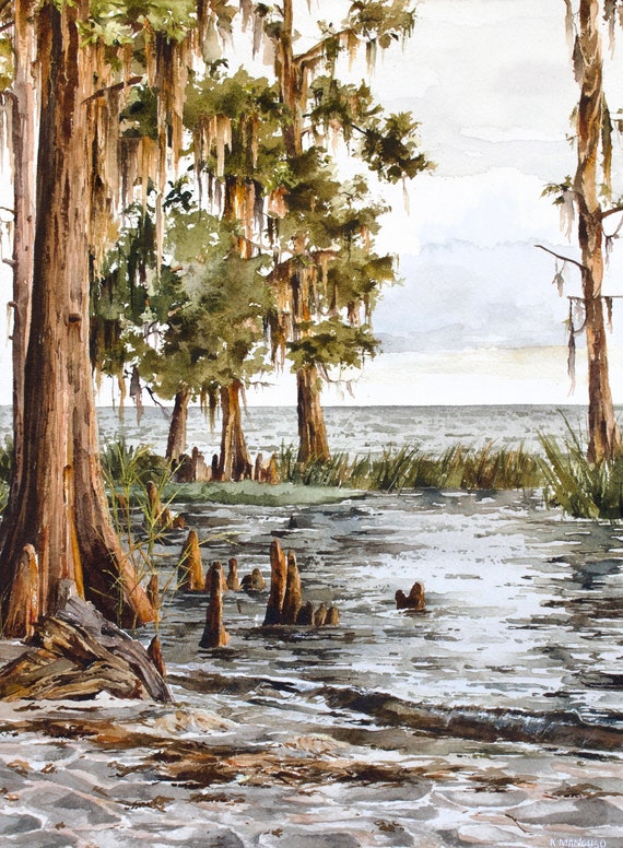 Shoreline Art Swamp Art Print Louisiana Art Watercolor Coastal