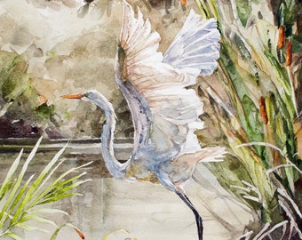 Egret Watercolor Painting | White Egret Print | White Bird Art | Wetland Birds | Marshland Wildlife Louisiana Painting | Southern Home Decor