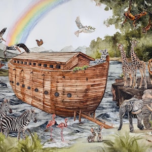 Debbie Kingston Baker Noah's Ark 水彩　絵画 Debbie Kingston Baker Noah's Ark Signed Large White Frame