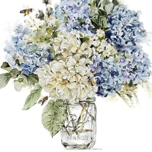 Hortensia schilderij | Muurkunstprint hortensia | Lichtblauwe hortensia | Aquarel hortensia&#39;s | Botanische kunstafdrukken | Zuidelijke huiskunst