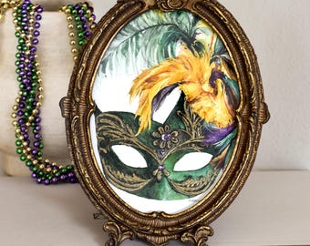 Máscara de Mardi Gras enmarcada: pintura de acuarela original