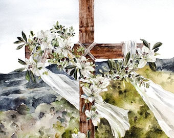 Watercolor Cross Art Print: Easter Lily, Modern Christian Decor