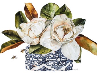 Magnolia Art Print: Southern Chic Floral Watercolor