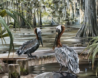 Brown Pelican Wall Art | Pelican Painting | Louisiana State Bird | Louisiana Art Print | Southern Home Decor | Pelican Swamp Painting