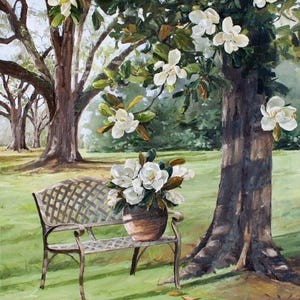 Magnolienbaum Gemälde | Südlicher Garten Kunstdruck | Magnolien Blumen Wand Kunst | Magnolien-Liebhaber-Geschenk | Südländische Wohndeko | Blumenbank Art