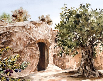 Lámina artística de la Tumba Vacía: Jesús de Pascua, Olivo, Arte Cristiano Moderno