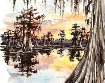 Swamp Sunset Watercolor Art Print: Louisiana Bayou Painting