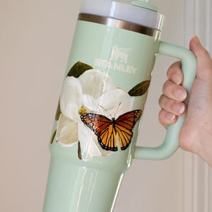 Hand Painted Stanley Cup Tumbler — Floral with Monarch Butterflies on Stainless Steel Matcha Green Tumbler with Lid & Straw — 30 oz or 40 oz