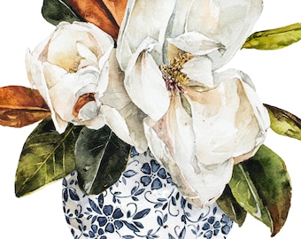 Impressão em aquarela de magnólia: arte floral neutra do sul