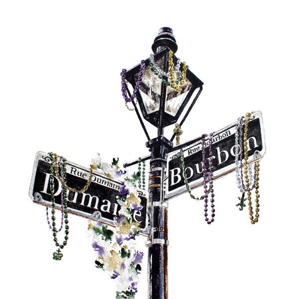 Mardi Gras Art Print | Mardi Gras Painting | Louisiana Art | Bourbon Street | New Orleans Art | Street Lamp Post Painting | Mardi Gras Beads