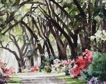 Azalea Garden Watercolor Print: Southern Landscape Art