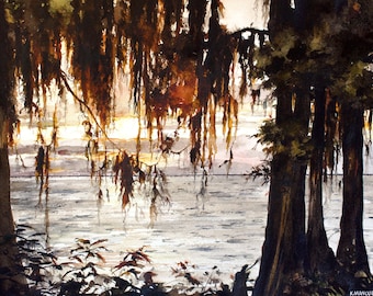 Swamp Bayou Art Print: Louisiana Sunset Shoreline Watercolor