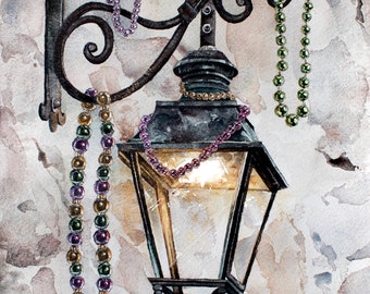 Impresión artística de linternas de Mardi Gras: pintura de acuarela de Nueva Orleans