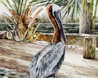 Impression d'art aquarelle pélican : peinture de la faune côtière