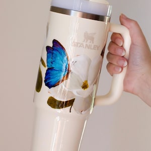 Hand Painted Stanley Cup Tumbler — Floral with Morpho Butterflies on Stainless Steel Ivory Cream Tumbler with Lid & Straw — 30 oz or 40 oz