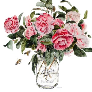 Camellia Painting | Camellia Wall Art Print | Floral Art | Watercolor Pink Camellias | Botanical Art | Honey Bees | Alabama State Flower