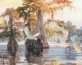 Lámina artística de un pantano de garzas: Pintura de paisaje del sur de Luisiana