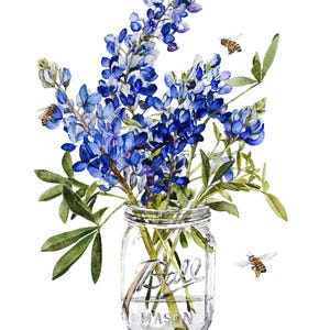 Bluebonnet Painting | Bluebonnet Wall Art Print | Floral Art | Watercolor Bluebonnets | Botanical Art | Honey Bees | Southern Home Art