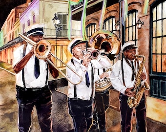 Mardi Gras Art Print: Second Line Band, New Orleans Street Scene