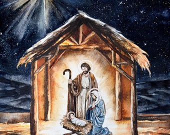 Impresión de Belén pintada a mano: Arte navideño en acuarela