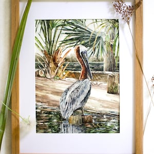 Framed Original Watercolor Brown Pelican Painting | Louisiana Bird Art Painting | Watercolor Coastal Wildlife | Farmhouse Home Decor