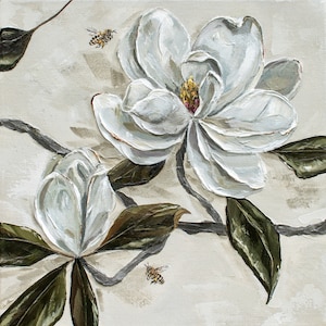 Magnolie Kunstdruck | Magnolienmalerei | Louisiana Zustand Blume | Südländische Wohndeko | Neutrales Kunst-Dekor | Weiße Blumenkunst |Louisiana Art