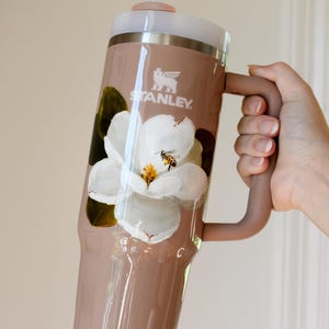 Hand Painted Stanley Cup Tumbler — Floral with Honey Bees on Stainless Steel Almond Rose Tumbler with Lid & Straw — 30 oz or 40 oz