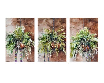 Conjunto de impresiones artísticas de acuarela de helechos del Carnaval: Decoración del hogar de Nueva Orleans