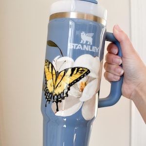 Hand Painted Stanley Cup Tumbler — Floral with Yellow Swallowtail Butterflies on Indigo Tumbler with Lid & Straw — 30 oz or 40 oz