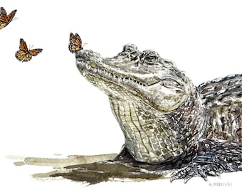 Alligator Art Print | Alligator Painting | Louisiana Art | Watercolor Alligator | Monarch Butterfly Art | Southern Art | Alligator Artwork