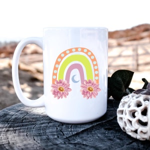 Colorful Rainbow Mug, Floral Mug, 11oz Ceramic Mug, Flower and Rainbow Mug, Small Mug, Tea Mug, Bright Colored Mug, Coffee Mug, Moon Mug