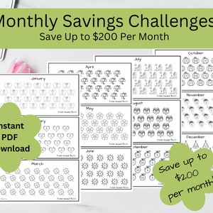 Monthly Savings Challenges | 12 Month Savings Bundle | Save Up To 200 Dollars | Budget Printable