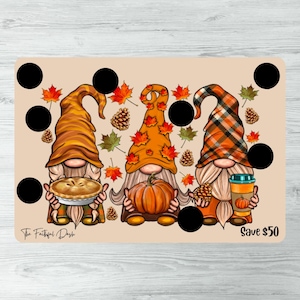 May include: Three gnomes wearing fall-themed hats and holding a pie, a pumpkin, and a cup of coffee. The gnomes are surrounded by leaves and acorns. The text "The Faithful Dash" and "Save $50" is visible.