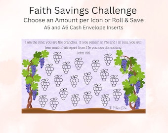 May include: A5 and A6 cash envelope inserts with a faith-based savings challenge design. The image features a light purple background with a vine illustration and grape clusters. Text includes a Bible verse and instructions.