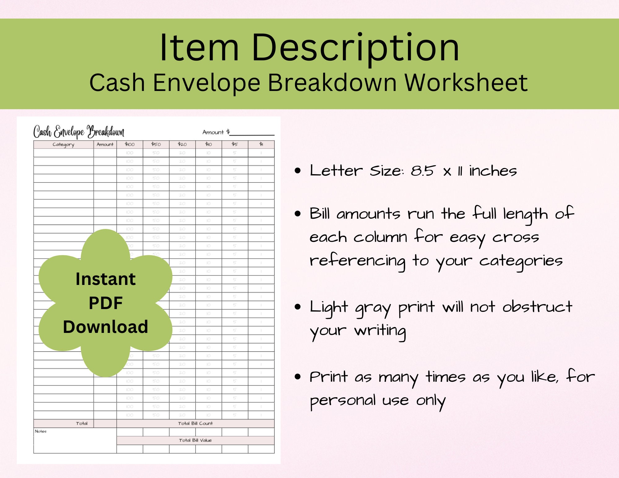 Cash Envelope Breakdown Worksheet | Letter Size 8.5x11 | Budget ...