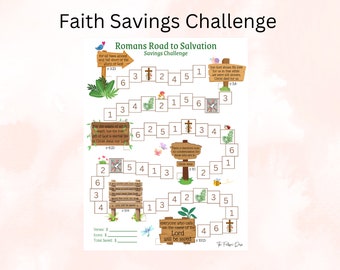 May include: A printable game board with a colorful design featuring a path with numbers and bible verses. The game is called "Romans Road to Salvation Savings Challenge".