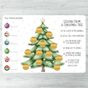 May include: A rectangular white card featuring a green Christmas tree with gold circular scratch-off stickers. The text reads The Faithful Dash, Lessons from a Christmas Tree, and lists six inspirational phrases next to colorful ornament illustrations.