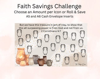 May include: A printable faith savings challenge with a quote from 2 Corinthians 4:7, "But we have this treasure in jars of clay, to show that this all-surpassing power is from God and not from us." The printable features a grid of 20 clay jar icons, with a space for each jar to write in a savings amount.