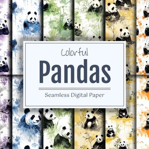 May include: A digital paper pack with 10 seamless patterns featuring watercolor illustrations of pandas in various colors and poses. The patterns are perfect for scrapbooking, card making, and other craft projects.