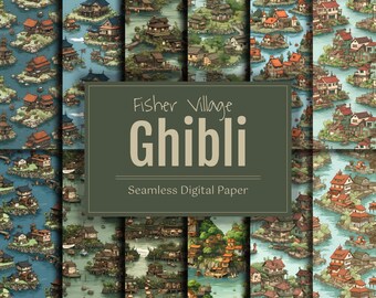 Studio Ghibli Style Digital Paper Pack, Dziecięca tapeta anime, Bezszwowy wzór kreskówkowy do albumu, Tło japońskiej wioski rybackiej