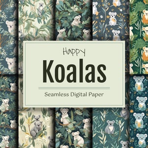 Cute Koalas Digital Paper Pack, Bear Repeating Seamless Pattern for Scrapbook, Australia Forest Wildlife Background, Sublimation Design Art