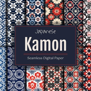 Peut inclure: Plusieurs motifs de papier numérique japonais Kamon sans couture. Les motifs présentent des fleurs et des formes géométriques en bleu, rouge, blanc et noir. Le texte "Japanese Kamon Seamless Digital Paper" est affiché sur un fond bleu marine.