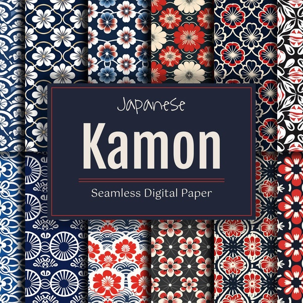 Classic Japanese Digital Paper Pack, Kamon Seamless Pattern for Scrapbook, Traditional Family Crest Background, Sublimation Design Art
