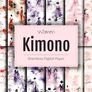 Geisha Kimono Digital Paper Pack, Répétition sans couture pour Scrapbook, Fond de peinture à l’encre japonaise, Art de conception de sublimation asiatique