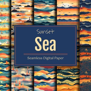 Sonnenuntergang Meer Digital Paper Pack, Lebendige Wellen Nahtloses Muster für Scrapbook, Minimalistischer Ozean-Küsten-Hintergrund, Sublimations-Design-Kunst