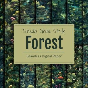 Digitalt papperspaket i Studio Ghibli-stil, sömlöst mönster för klippbok, japansk barntecknad bakgrund, anime-tapet med förtrollad skog