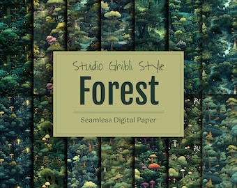 Studio Ghibli Style Digital Paper Pack, Seamless Pattern for Scrapbook, Japanese Kids Cartoon Background, Anime Enchanted Forest Wallpaper